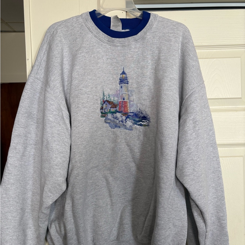 Jerzees Gray Crewneck Sweater with Lighthouse Design